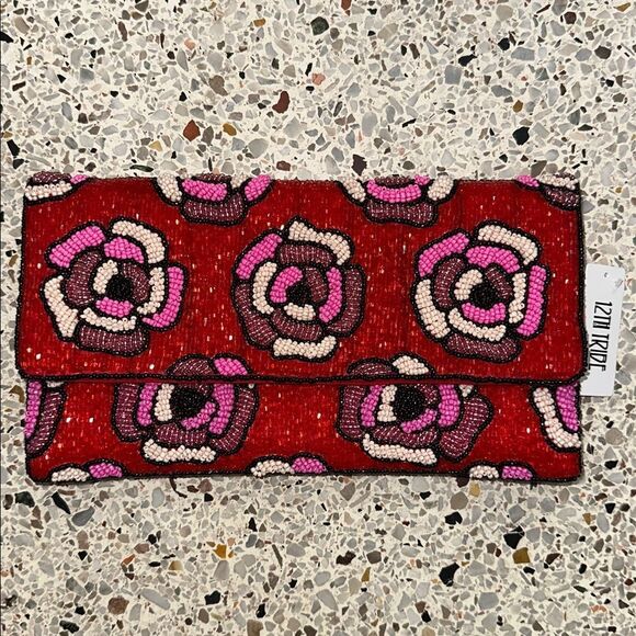 12th Tribe Handbags - NWT 12th Tribe red pink flower floral beaded clutch purse